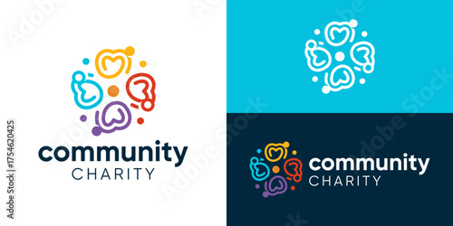 Creative simple community charity logo template. Abstract people with love shape logo design vector illustration.