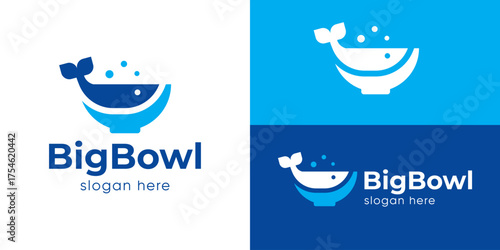Creative simple big bowl logo template. Simple whale with bowl for fishbowl logo design vector illustration.