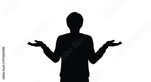 Silhouette of a person shrugging shoulders with arms outstretched in a gesture of uncertainty or indifference on a white background