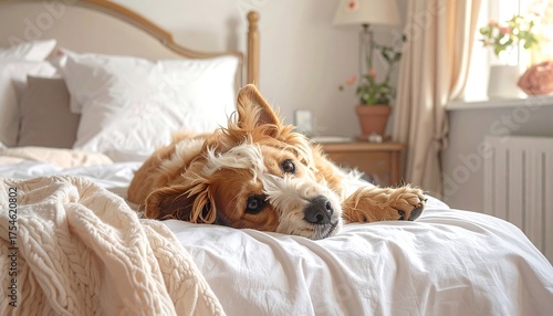 Canine rests comfortably on a bed in a sunlit bedroom, appearing relaxed and content