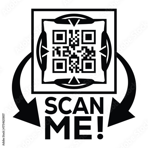 A bold, black and white vector graphic featuring a QR code centered in a square with targeting marks. Large arrows point to the text "SCAN ME!", creating a compelling call-to-action for immediate digi