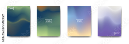 Set of four abstract cover designs featuring smooth color gradients in green, blue, orange, and purple tones. Minimalist style with soft fluid shapes ideal for modern branding or print layout.
