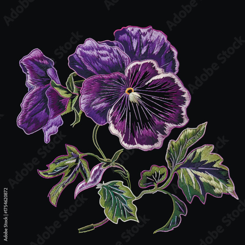 Realistic embroidery vector illustration of deep purple 3d pansy flowers and green leaves on a black background. Detailed textile texture design for fashion or craft projects.