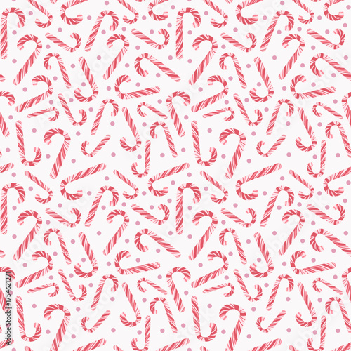 Sweet, feminine seamless vector pattern featuring a dense, scattered design of red and white striped candy canes mixed with soft pink polka dots on a light background.