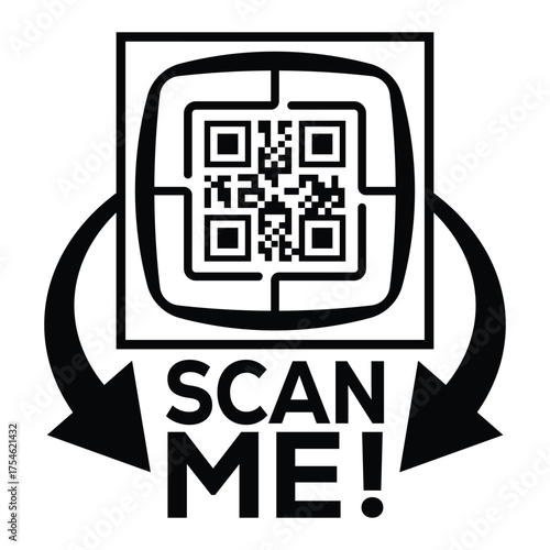 A bold, black and white vector graphic featuring a QR code centered in a square with targeting marks. Large arrows point to the text "SCAN ME!", creating a compelling call-to-action for immediate digi