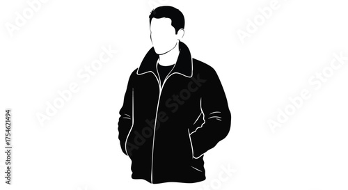 A black and white illustration of a man wearing a zipped-up jacket with his hands in his pockets.