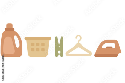 Collection of laundry day essentials including detergent bottle, clothes basket, clothespin, hanger, and iron