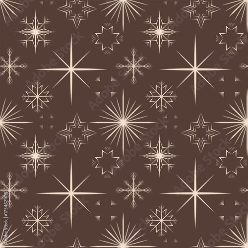 Elegant, mid-century modern seamless vector pattern featuring intricate starbursts and geometric snowflakes in cream on a rich brown background, perfect for sophisticated holiday decor.