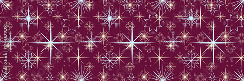 Bold, maximalist seamless vector pattern exploding with intricate starbursts and snowflakes in cream and blue on rich maroon, perfect for statement holiday decor.
