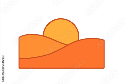 Minimalist desert landscape featuring rolling dunes and a large setting sun on the horizon