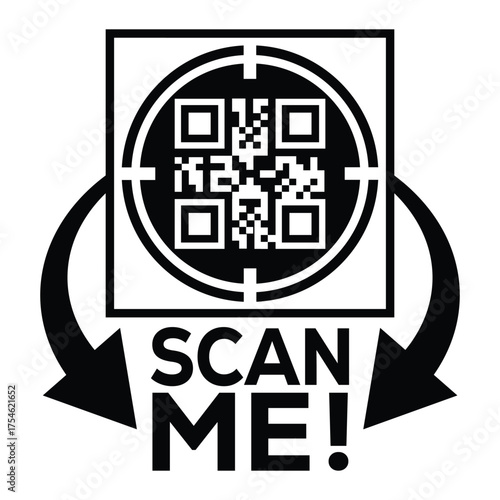A bold, black and white vector graphic featuring a QR code centered in a square with targeting marks. Large arrows point to the text "SCAN ME!", creating a compelling call-to-action for immediate digi