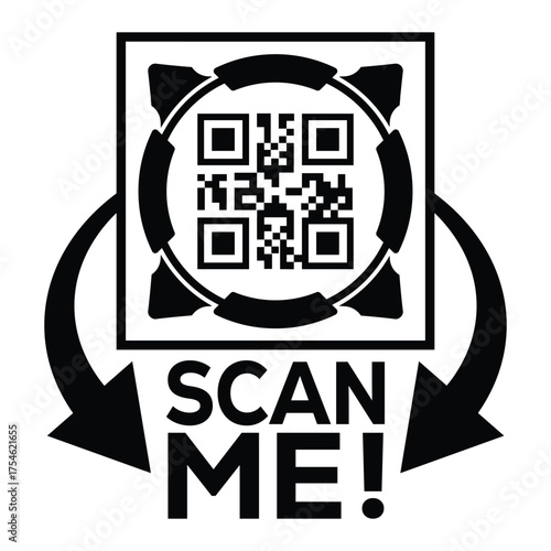 A bold, black and white vector graphic featuring a QR code centered in a square with targeting marks. Large arrows point to the text "SCAN ME!", creating a compelling call-to-action for immediate digi