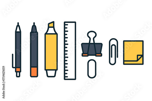 Essential office and school supplies collection with writing tools and measuring instruments