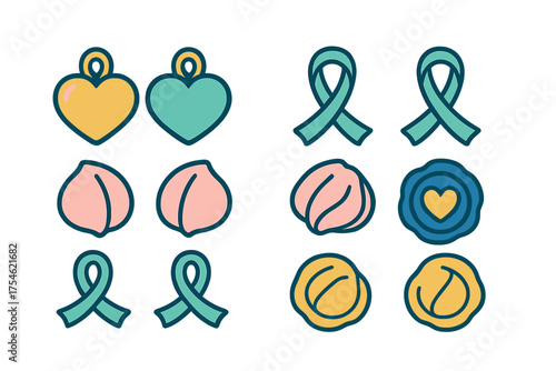Colorful heart pendants, looped awareness ribbons, and abstract organic shapes symbols set