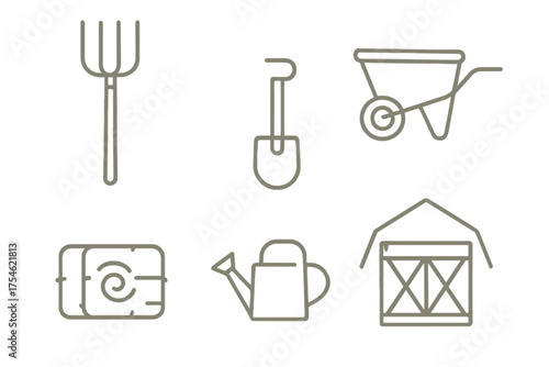 Minimalist outline icons set for farm and garden tools including pitchfork, shovel, wheelbarrow, hay bale, and barn