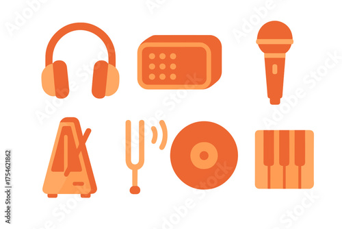 Musical instruments and sound devices including headphones, microphone, metronome, and keyboard in flat style