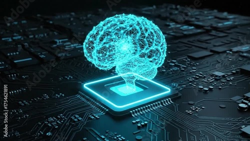 Dynamic glowing central processor unit pulses with vibrant electric blue light on a complex dark circuit board, showcasing advanced technology and innovation.