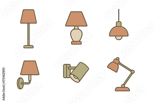 Assortment of interior lighting fixtures including floor lamps, table lamps, and sconces