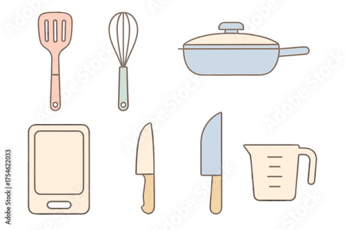 Essential kitchen utensils and equipment set in soft pastel colors and minimal style
