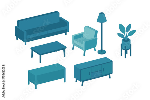 Modern isometric living room furniture set including sofa armchair table and lamp