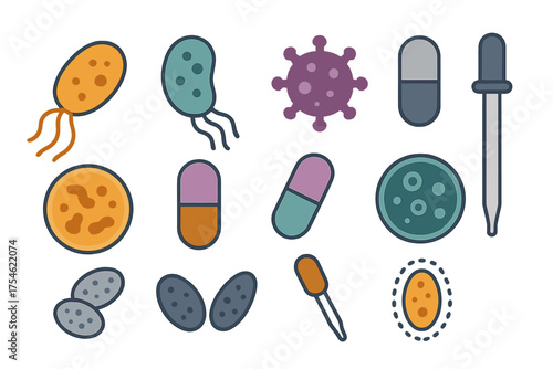 Microbiology and medical symbols featuring bacteria, virus, capsules, petri dish, and pipette tools