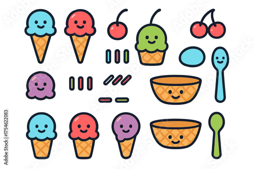 Colorful cartoon ice cream cones scoops bowls spoons and dessert toppings with happy faces