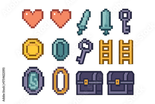 Pixelated fantasy adventure game items set including hearts, swords, keys, coins, ladders, and treasure chests