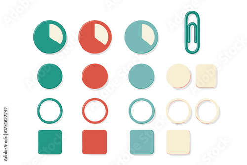 Colorful three dimensional geometric shapes and icons: circles, squares, rings, and a paperclip