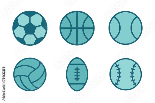 Six popular sports balls: soccer, basketball, tennis, volleyball, football, and baseball in flat design