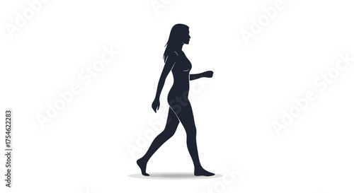 Dynamic black silhouette of a confident woman walking, showcasing natural human movement and elegant body posture against a stark, clean white background