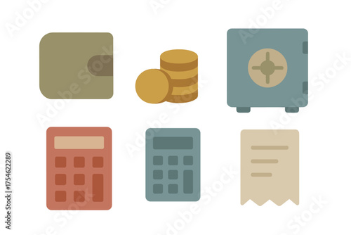 Set of financial icons featuring wallet, stacked coins, security safe, calculators, and paper receipt
