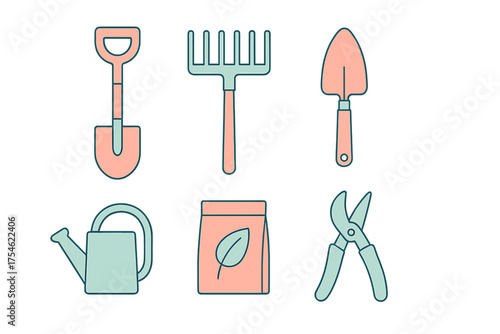 Set of essential gardening tools and equipment for planting and yard work