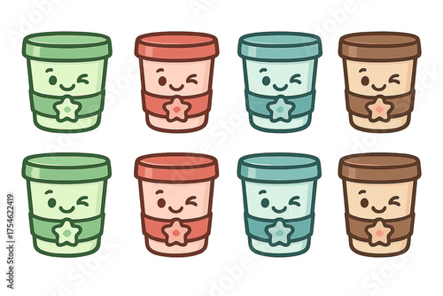 Adorable set of reusable coffee cups with happy winking faces and star logos in pastel colors