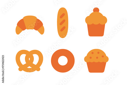 Minimalist set of popular bakery items including croissant baguette pretzel donut and muffins