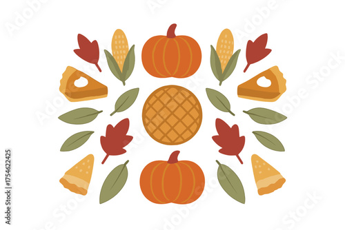 Seasonal autumn harvest arrangement with pumpkins, pie, and colorful foliage