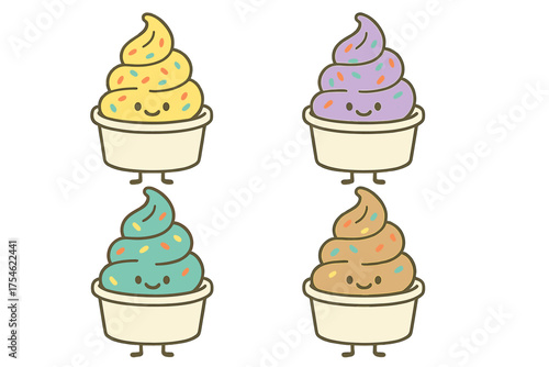 Colorful kawaii soft serve ice cream characters with happy smiling faces and sprinkles