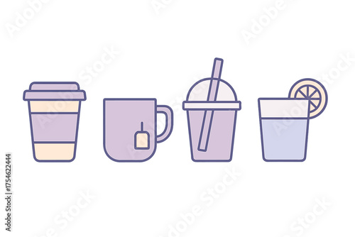 Minimalist collection of hot and cold beverages in various cups and glasses