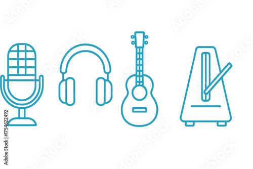 Music and audio production equipment symbols: microphone, headphones, guitar, metronome, studio recording gear