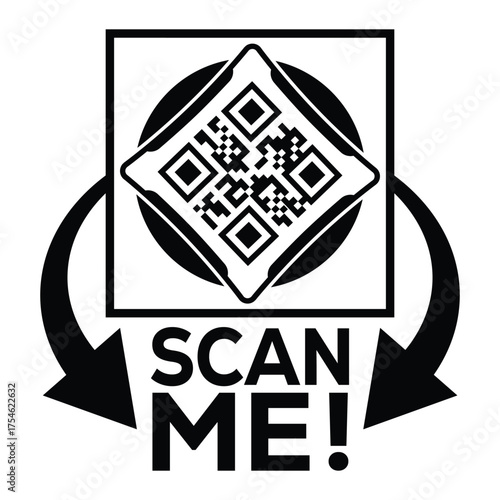 A bold, black and white vector graphic featuring a QR code centered in a square with targeting marks. Large arrows point to the text "SCAN ME!", creating a compelling call-to-action for immediate digi