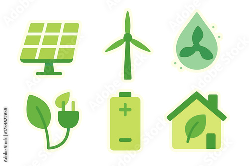 Green energy and sustainability symbols: solar panel, wind turbine, battery, eco house