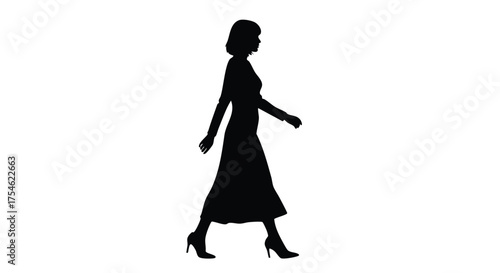 Elegant Silhouette A Woman in a Dress, Walking Gracefully Against a White Background