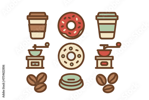 Colorful flat icons set featuring coffee drinks, sweet donuts, and grinding equipment