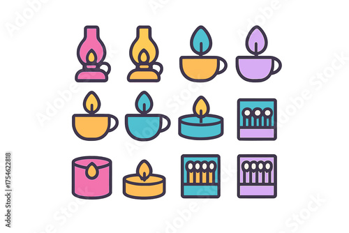 Colorful set of burning candles, oil lamps, and matchboxes representing illumination and light