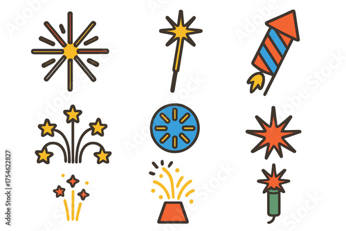 Set of colorful pyrotechnic icons featuring rockets, sparklers, and exploding fireworks