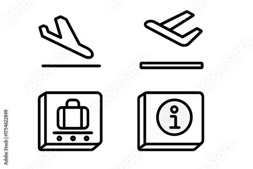 Minimalist outline icons for airport services including flight arrival, departure, and baggage claim