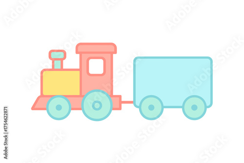 Cute pastel colored toy train engine pulling a single cargo wagon for children's play
