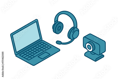 Isometric setup of laptop, microphone headset, and web camera for remote communication
