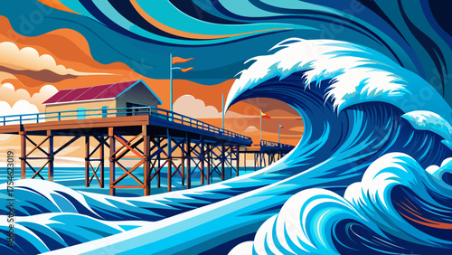 Very beautiful dramatic ocean scene showing huge waves from Hurricane Florence crashing powerfully against a wooden pier in the Outer Banks, North Carolina, under stormy skies and fierce coastal winds
