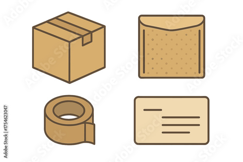 Cardboard box, padded mailer, packing tape, and address label set for shipping and delivery