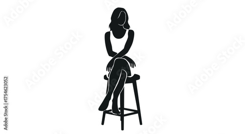 A minimalist black silhouette of a woman sitting on a tall stool with her arms and legs crossed against a white background.